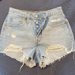Levi's 501 Light Blue Distressed High-Rise Denim Shorts
